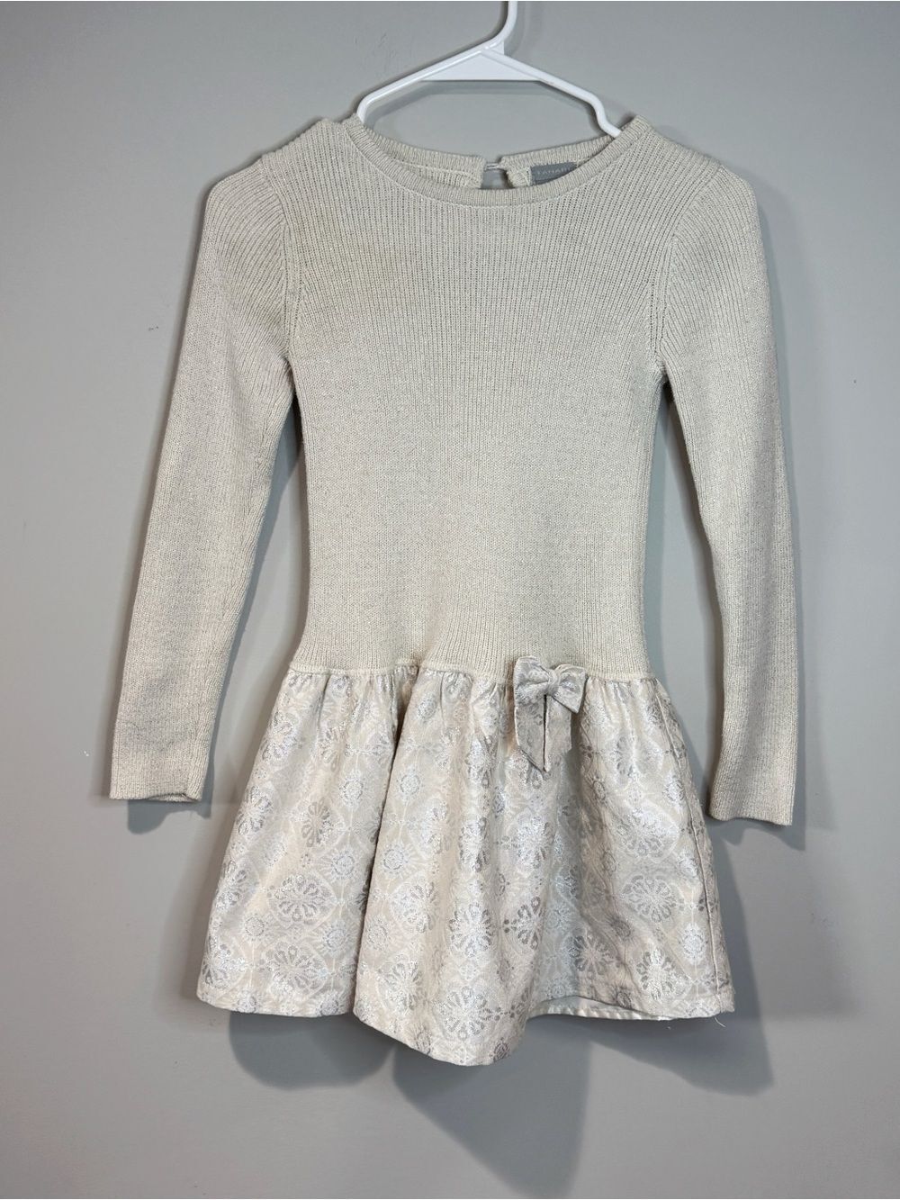 Tahari Girls 7/8 Cream Metallic Brocade Skirt Knit Holiday Winter Dress Bow